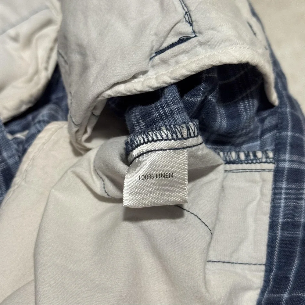 Saks Fifth Avenue Threads Shorts Mens 33 Blue Plaid 100% Linen Flat Front Summer